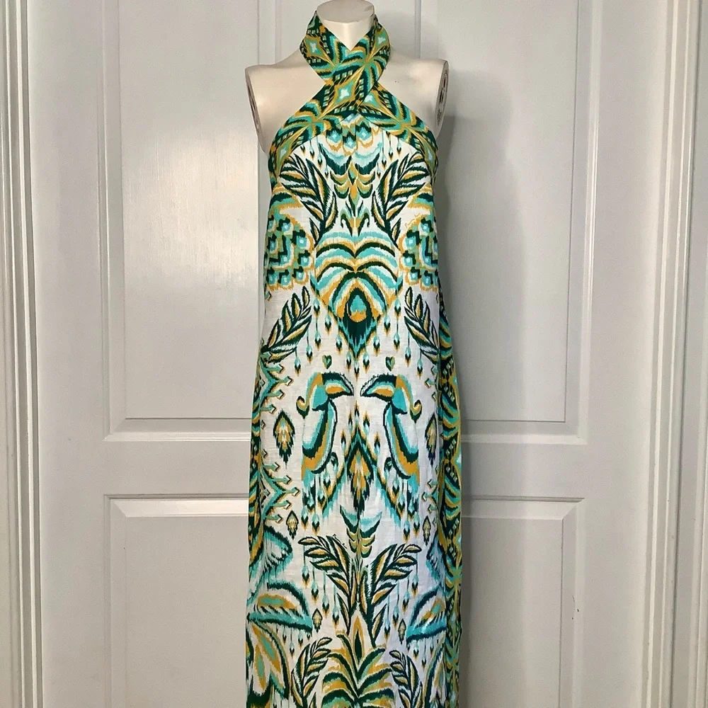 FARM RIO Blue/Greens & Cream Beads Tropical Tapestry Linen Halter Maxi Sundress - Picture 5 of 16